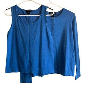 August Silk Blue Shell and Cardigan Top Silk Blend Set, Shell L, Cardigan XL